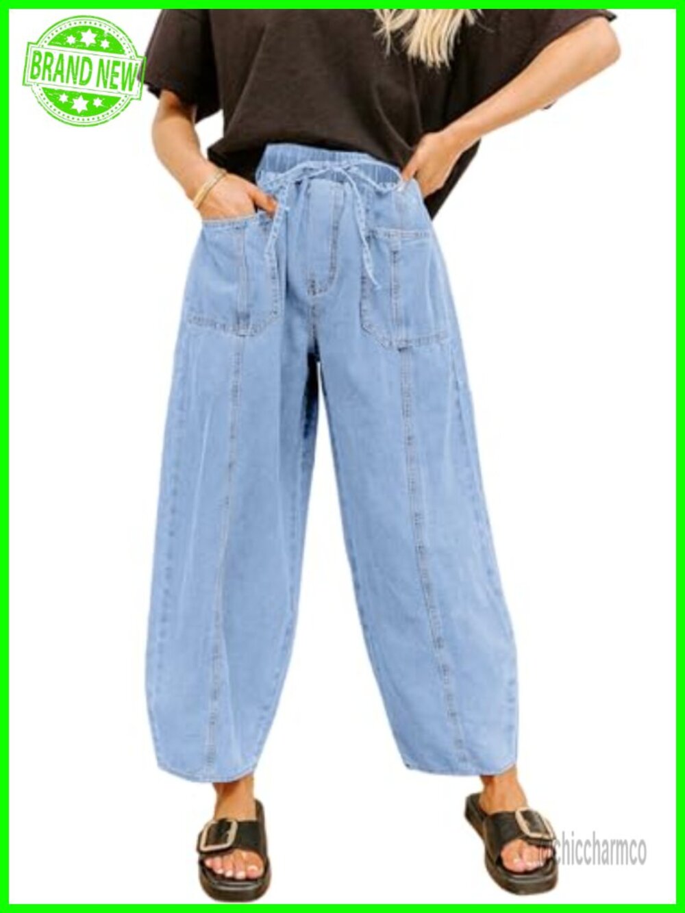 High Rise Barrel Jeans Drawstring Waist Stretch Denim Ankle Pants
